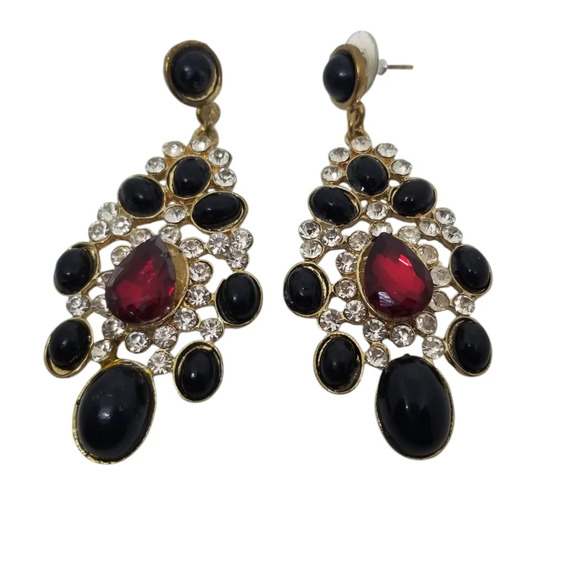 VINTAGE GOLDTONE & RHINESTONE STATEMENT NECKLACE & DROP EARRINGS SET - Picture 4 of 10